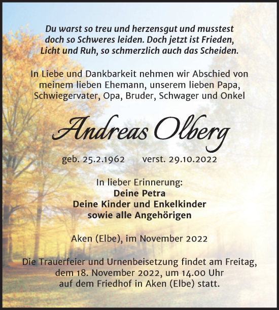 Traueranzeige von Andreas Olberg von Trauerkombi Köthen