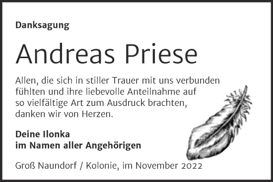 Traueranzeige von Andreas Priese von Trauerkombi Wittenberg