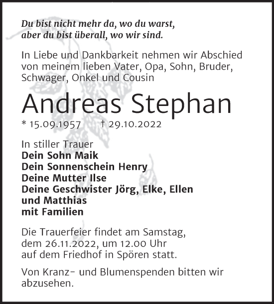 Traueranzeige von Andreas Stephan von Trauerkombi Bitterfeld
