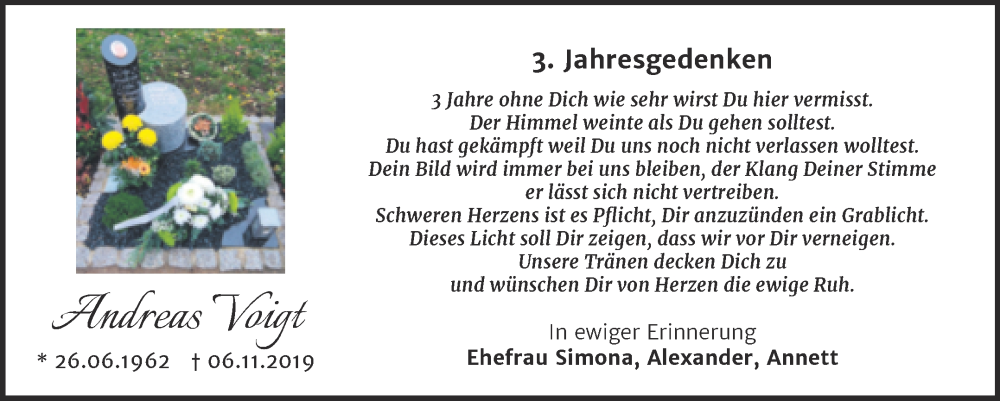  Traueranzeige für Andreas Voigt vom 05.11.2022 aus Trauerkombi Bernburg