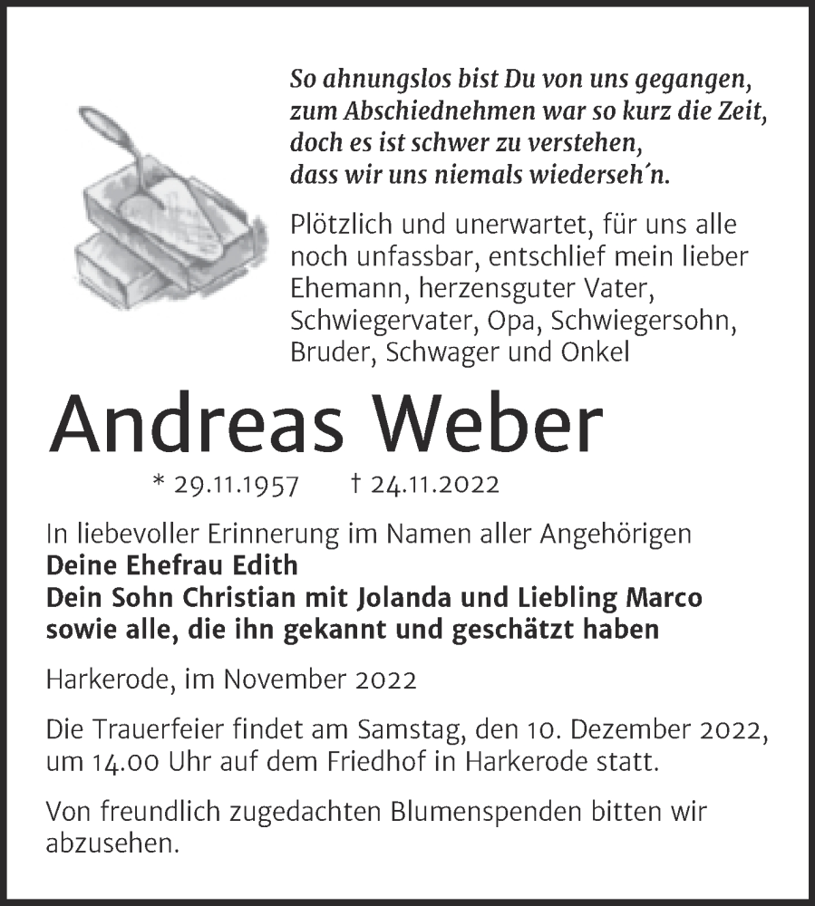  Traueranzeige für Andreas Weber vom 30.11.2022 aus Trauerkombi Mansfelder Land