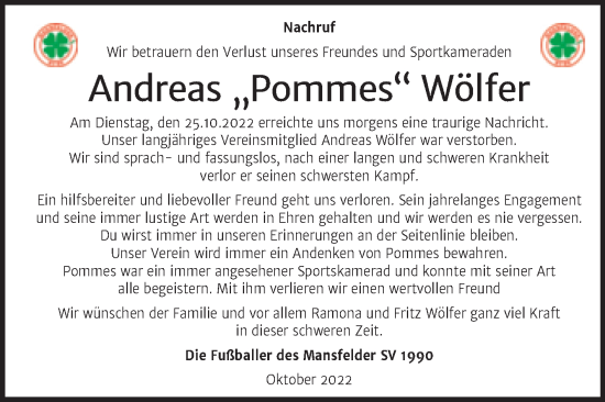 Traueranzeige von Andreas Wölfer von Wochenspiegel Mansfelder Land