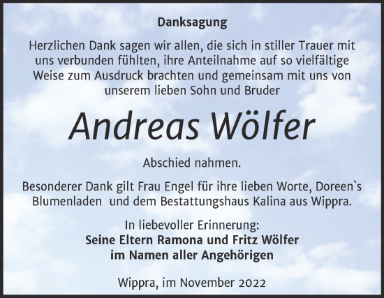 Traueranzeige von Andreas Wölfer von Trauerkombi Mansfelder Land