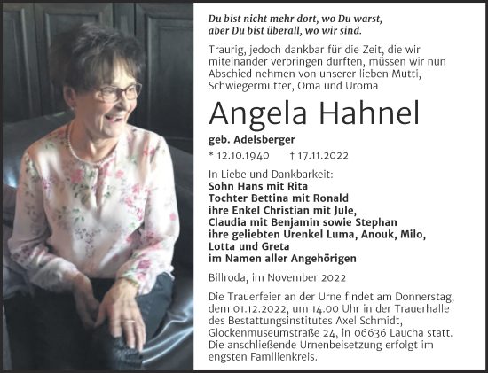 Traueranzeige von Angela Hahnel von Wochenspiegel Naumburg/Nebra