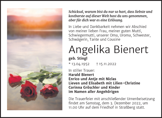 Traueranzeige von Angelika Bienert von Trauerkombi Quedlinburg