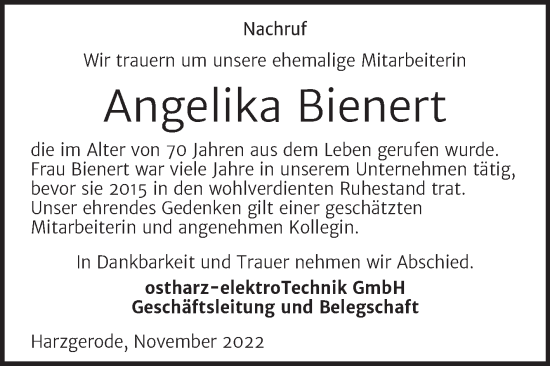 Traueranzeige von Angelika Bienert von Wochenspiegel Quedlingburg