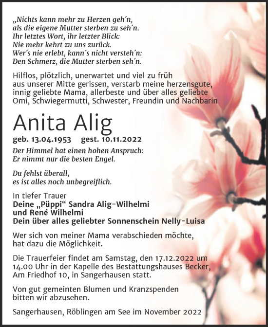 Traueranzeige von Anita Alig von Trauerkombi Sangerhausen