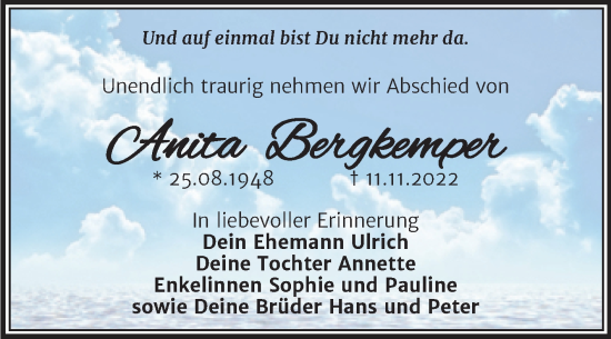 Traueranzeige von Anita Bergkemper von Trauerkombi Merseburg