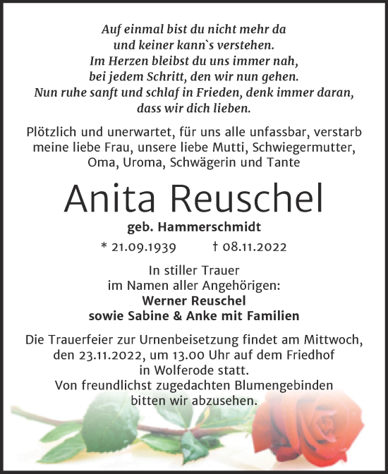 Traueranzeige von Anita Reuschel von Trauerkombi Mansfelder Land