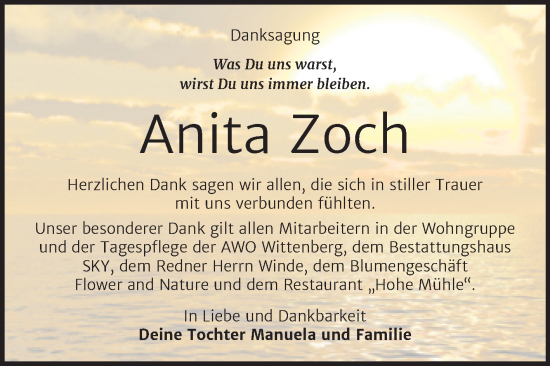 Traueranzeige von Anita Zoch von Trauerkombi Wittenberg