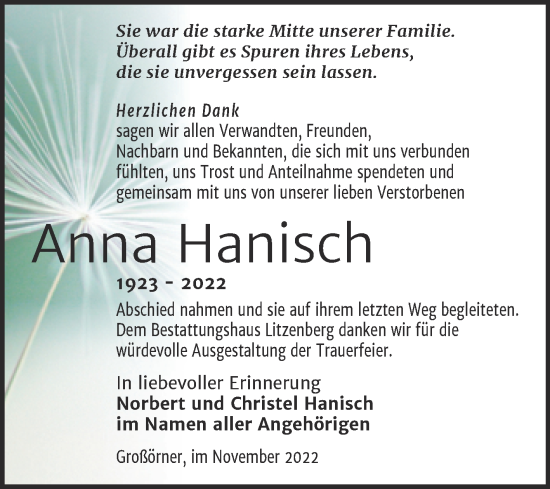 Traueranzeige von Anna Hanisch von Trauerkombi Mansfelder Land