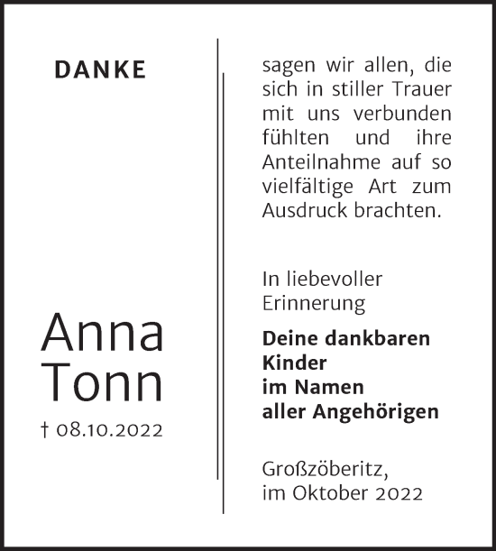 Traueranzeige von Anna Tonn von Trauerkombi Bitterfeld