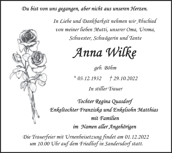 Traueranzeige von Anna Wilke von Trauerkombi Bitterfeld