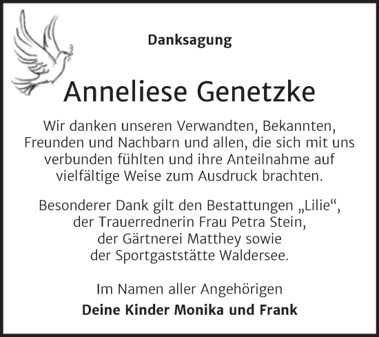 Traueranzeige von Anneliese Genetzke von Trauerkombi Dessau