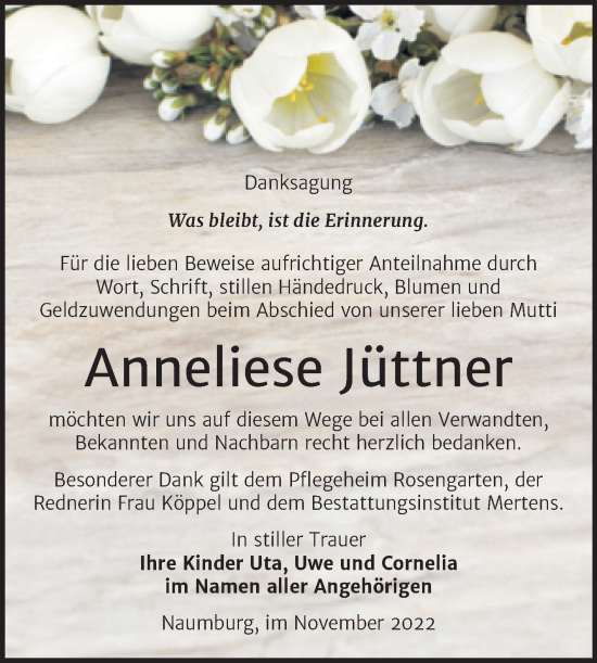 Traueranzeige von Anneliese Jüttner von Naumburger Tageblatt
