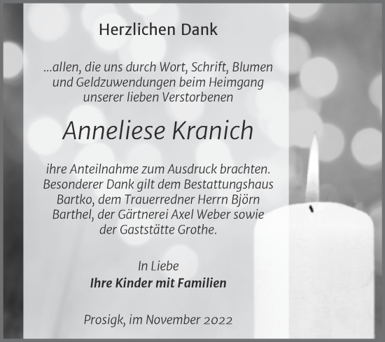 Traueranzeige von Anneliese Kranich von Trauerkombi Köthen