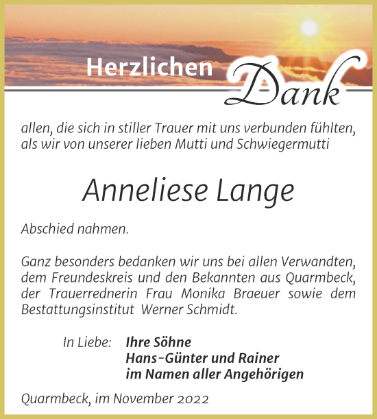 Traueranzeige von Anneliese Lange von Trauerkombi Quedlinburg