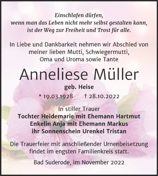 Traueranzeige von Anneliese Müller von Trauerkombi Quedlinburg
