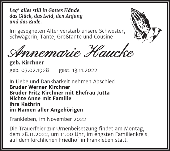 Traueranzeige von Annemarie Haucke von Trauerkombi Merseburg