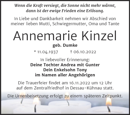 Traueranzeige von Annemarie Kinzel von Trauerkombi Dessau
