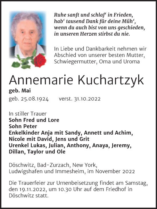 Traueranzeige von Annemarie Kuchartzyk von Trauerkombi Zeitz