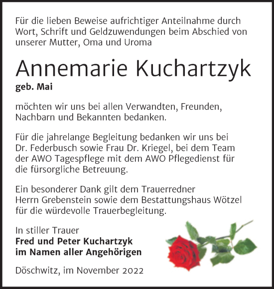 Traueranzeige von Annemarie Kuchartzyk von Trauerkombi Zeitz