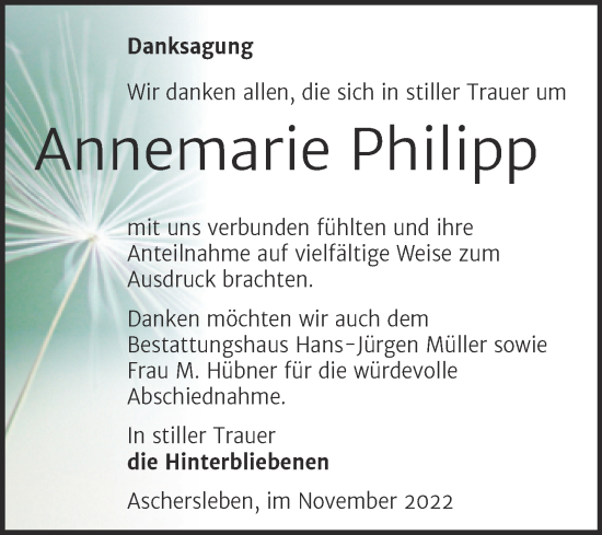 Traueranzeige von Annemarie Philipp von Trauerkombi Aschersleben