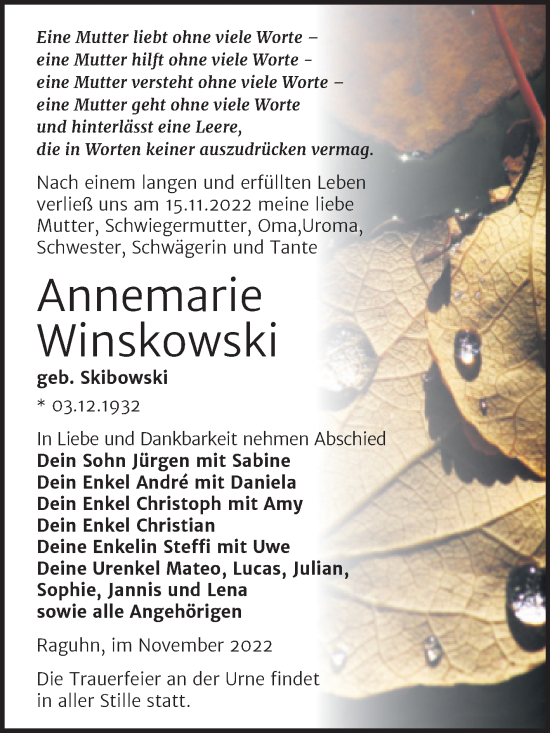 Traueranzeige von Annemarie Winskowski von Trauerkombi Wittenberg