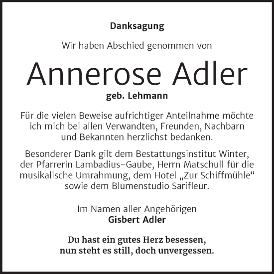 Traueranzeige von Annerose Adler von Trauerkombi Bitterfeld