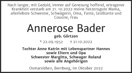 Traueranzeige von Annerose Bader von Trauerkombi Bernburg