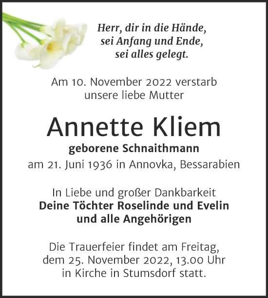Traueranzeige von Annette Kliem von Mitteldeutsche Zeitung Bitterfeld