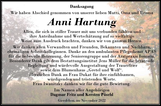 Traueranzeige von Anni Hartung von Trauerkombi Aschersleben