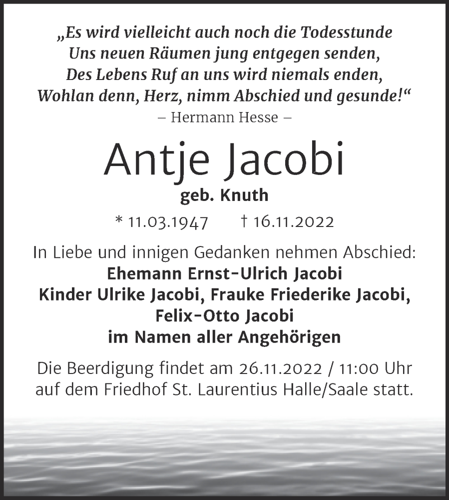  Traueranzeige für Antje Jacobi vom 19.11.2022 aus Mitteldeutsche Zeitung Halle/Saalkreis