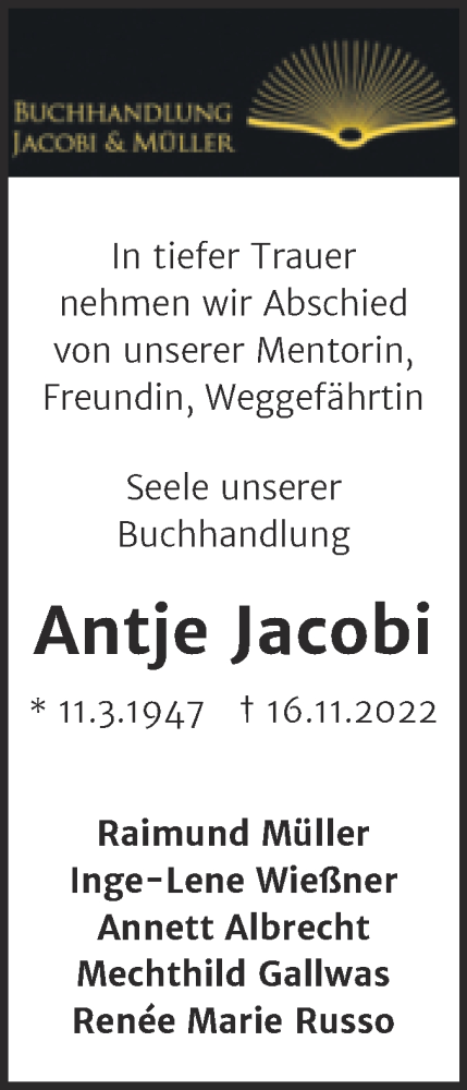  Traueranzeige für Antje Jacobi vom 26.11.2022 aus Mitteldeutsche Zeitung Halle/Saalkreis