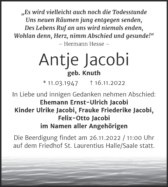 Traueranzeige von Antje Jacobi von Mitteldeutsche Zeitung Halle/Saalkreis