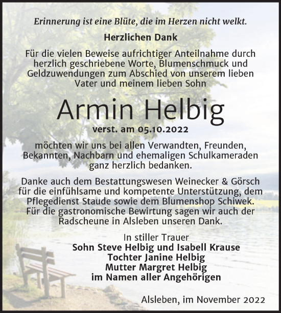 Traueranzeige von Armin Helbig von Trauerkombi Bernburg