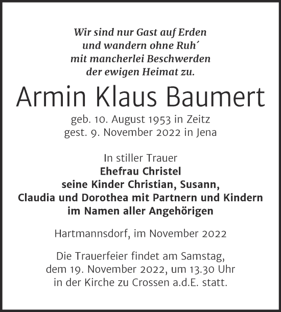 Traueranzeige von Armin Klaus Baumert von Trauerkombi Zeitz