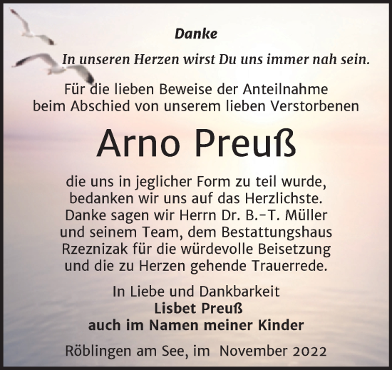 Traueranzeige von Arno Preuß von Trauerkombi Mansfelder Land