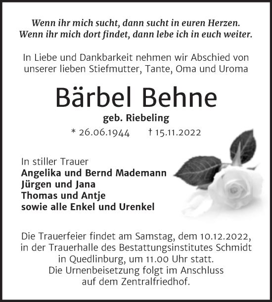 Traueranzeige von Bärbel Behne von Trauerkombi Quedlinburg