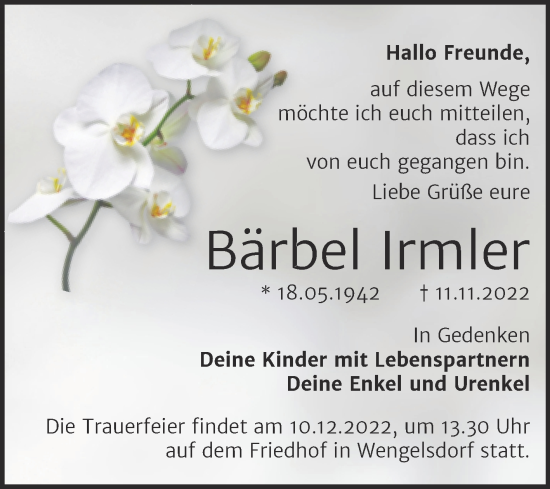 Traueranzeige von Bärbel Irmler von Trauerkombi Weißenfels