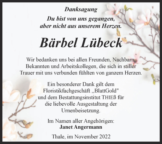 Traueranzeige von Bärbel Lübeck von Trauerkombi Quedlinburg