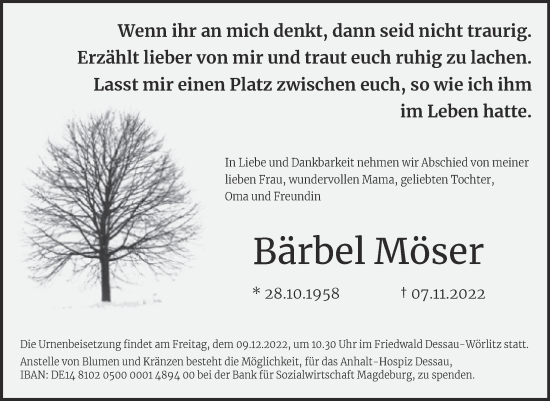 Traueranzeige von Bärbel Möser von Trauerkombi Dessau