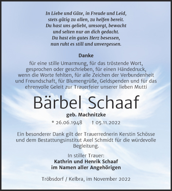 Traueranzeige von Bärbel Schaaf von Wochenspiegel Naumburg/Nebra