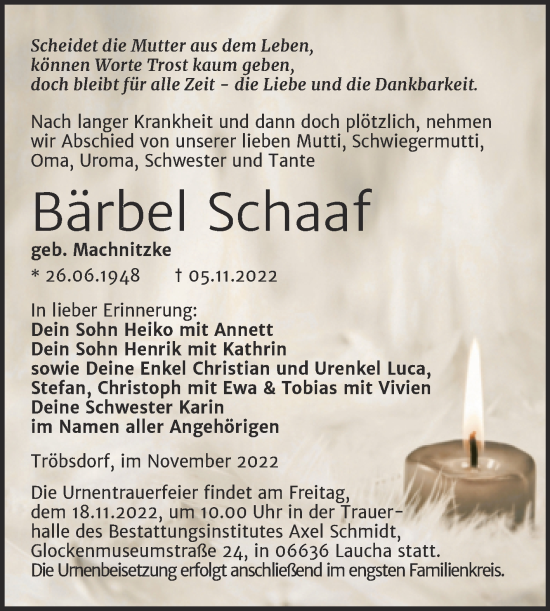 Traueranzeige von Bärbel Schaaf von Naumburger Tageblatt