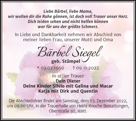 Traueranzeige von Bärbel Siegel von Trauerkombi Aschersleben