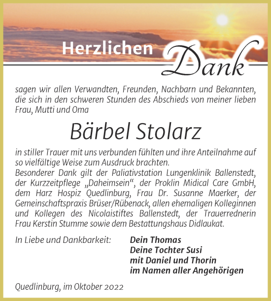 Traueranzeige von Bärbel Stolarz von Trauerkombi Quedlinburg