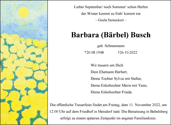 Traueranzeige von Barbara Busch von Mitteldeutsche Zeitung Quedlingburg
