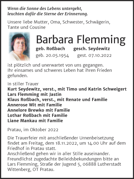 Traueranzeige von Barbara Flemming von Trauerkombi Bitterfeld