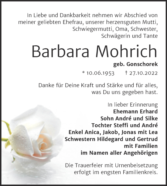 Traueranzeige von Barbara Mohrich von Trauerkombi Bernburg