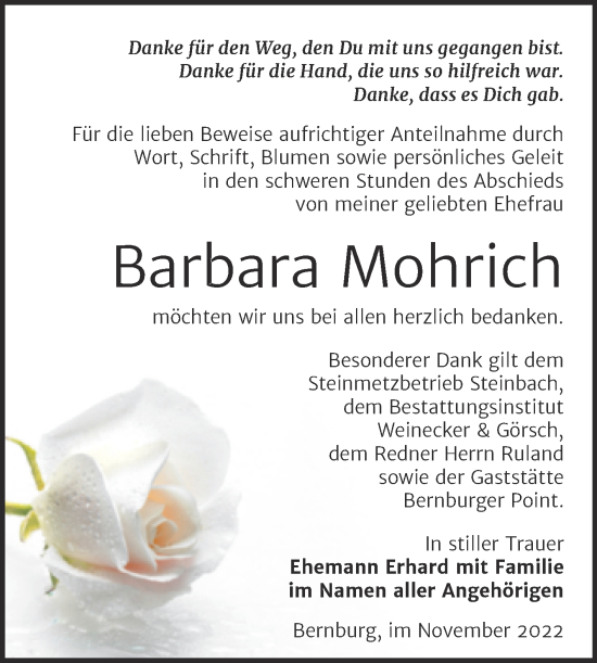 Traueranzeige von Barbara Mohrich von Trauerkombi Bernburg